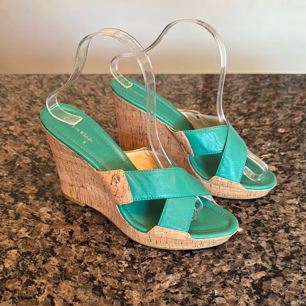 Calvin Klien teal cork Wedges NWOT 9M